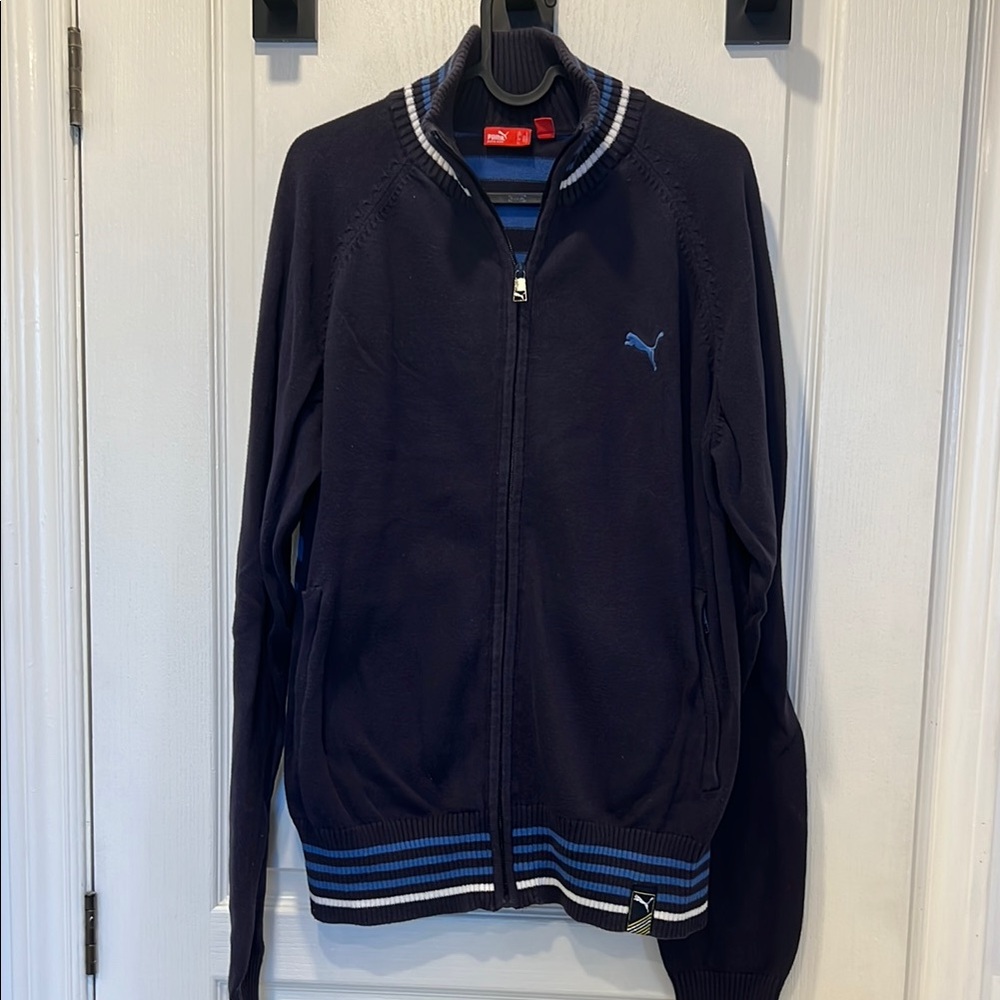 Vintage Puma Blue Knit Zip Up Sweater with Ribbed Trim
